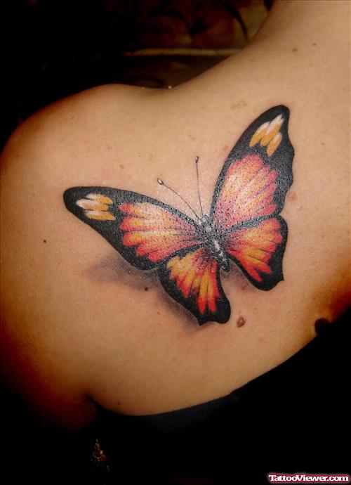 Colored Butterfly Feminine Tattoo On Back Shoulder