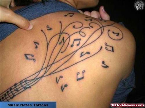 Feminine Music Notes Tattoo On Back