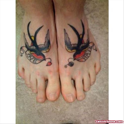 Colored Flying Birds Feminine Tattoos On Feet