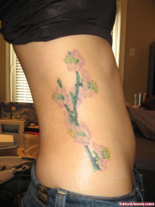 Cherry Blossom Flowers Feminine Tattoo On Side Rib