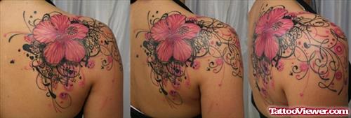 Colored Lily Flower Feminine Tattoo On Back Shoulder