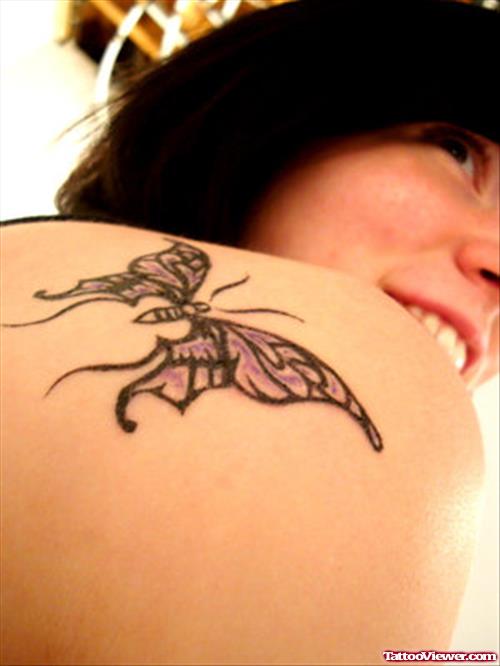 Butterfly Feminine Tattoo On Back Shoulder