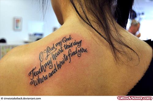 Beautiful Feminine Quote Tattoo On Upperback