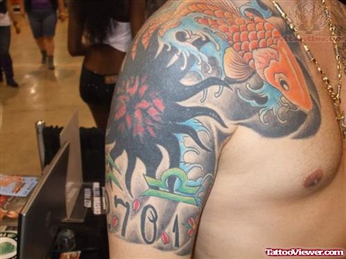 Colored Feminine Tattoo On Shoulder