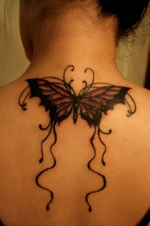 Feminine Butterfly Tattoo On Upperback