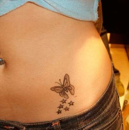 Grey Ink Butterfly Feminine Tattoo On Hip