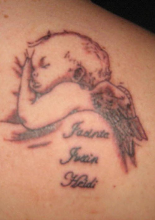 Grey Ink Angel Feminine Tattoo