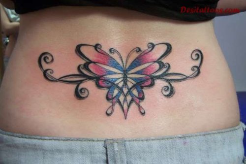 Colored Butterfly Feminine Tattoo On Lowerback