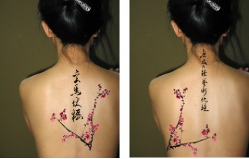 Cherry Blossom Flowers And Chinese Symbols Feminine Tattoo