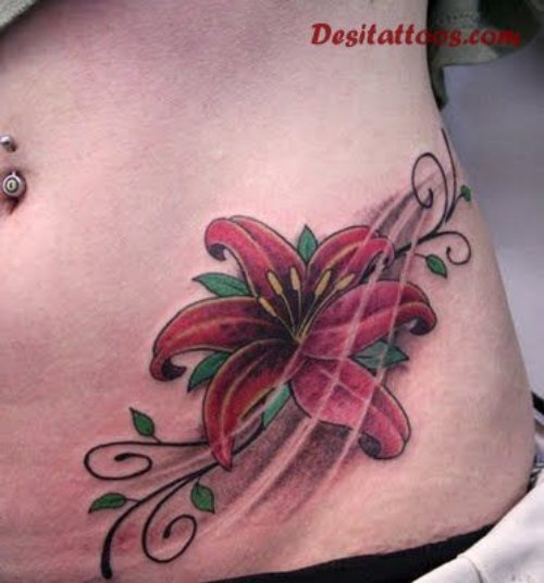 Red Flower Feminine Tattoo On Hip