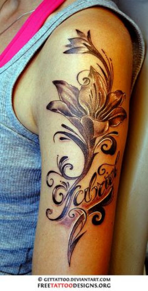 Attractive Grey Ink Feminine Tattoo On Half Sleeve