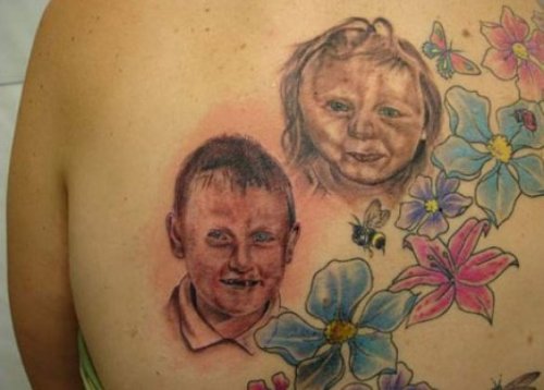Feminine Flowers And Portraits Tattoo On Back Shoulder