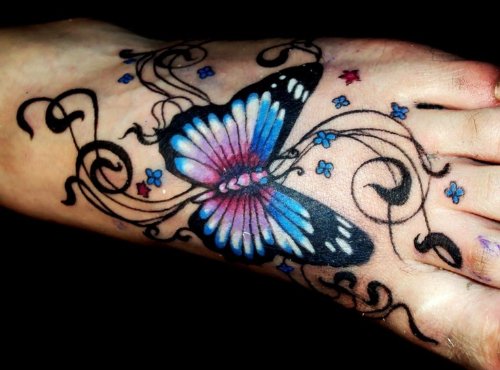 Colored Butterfly Feminine Tattoo On Girl Left Foot