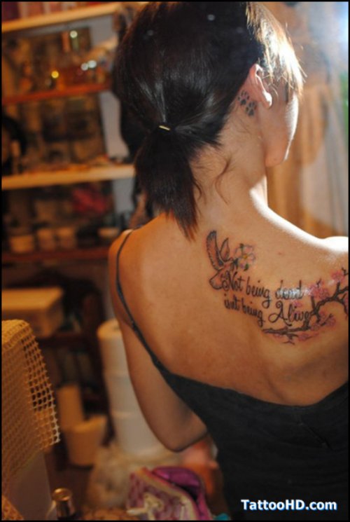 Flying Dove And Cherry Blossom Flowers Feminine Tattoo On Back Shoulder