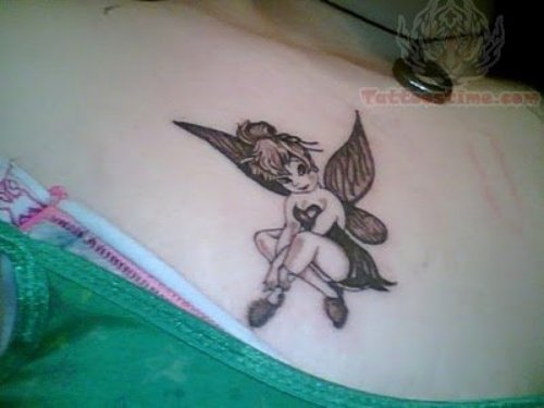 Grey Ink Fairy Feminine Tattoo On Lowerback