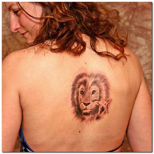 Grey Ink Lion Head Feminine Tattoo On Back
