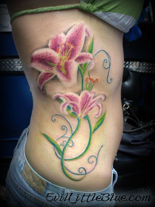 Pink Flowers Feminine Tattoo On Side Rib