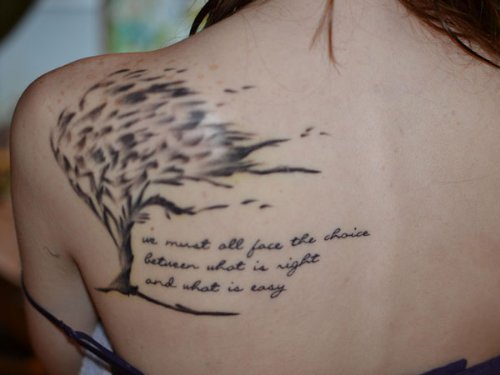 Quote And Tree Feminine Tattoo On Back Shoulder