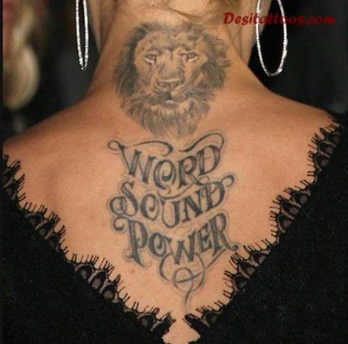 Grey Ink Lion Head And Word Sounf Power Feminine Tattoo On Back