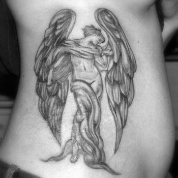 Grey Ink Angel Feminine Tattoo On Side Rib