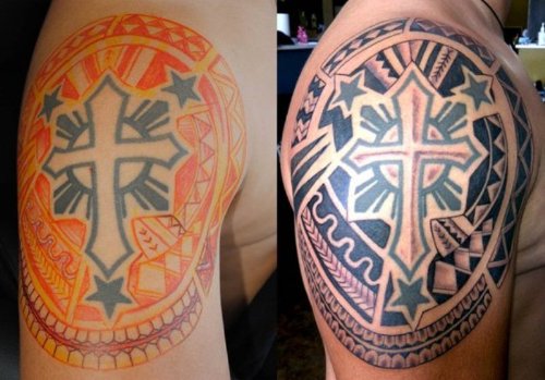 Cross And Filipino Tattoo On Shoulder For Men