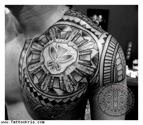Grey Ink Filipino Tattoo On Man Chest