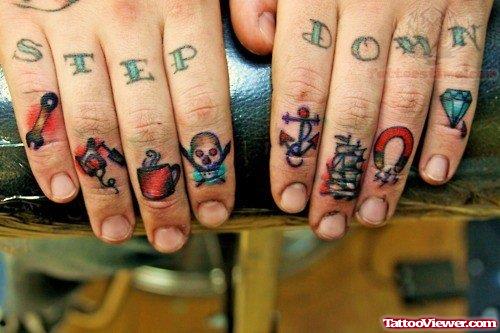 Awesome Colored Symbols Finger Tattoos