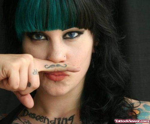 Black Ink Mustache Finger Tattoos For Girls