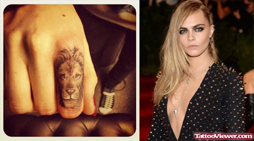 Awesome Grey Ink Lion Head Finger Tattoo