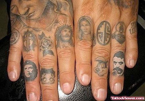 Grey Ink Portraits Tattoos On Fingers