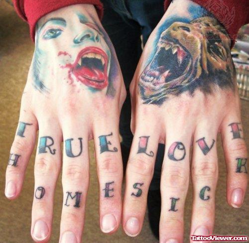 True Love & Home Sick Tattoo On Fingers
