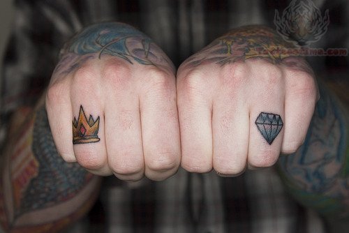Diamond And Crown Tattoo On Fingers