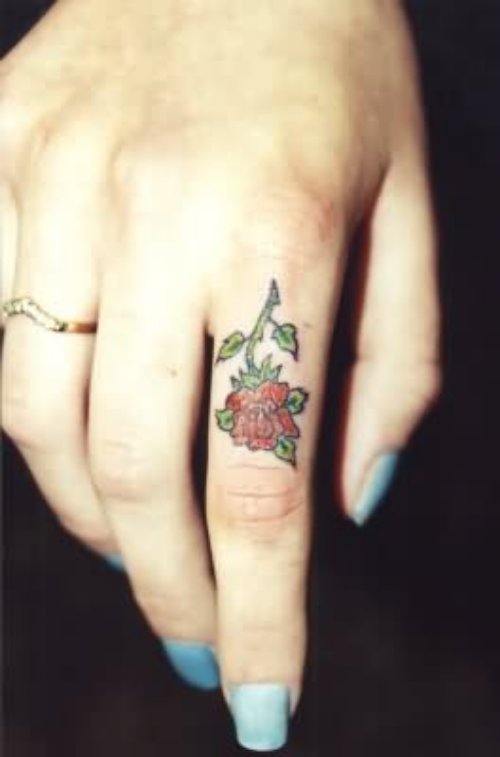 Red Flower Finger Tattoo For Girls