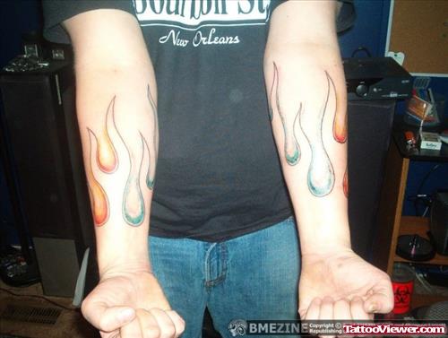 Fire And Flames Tattoos On Forearm