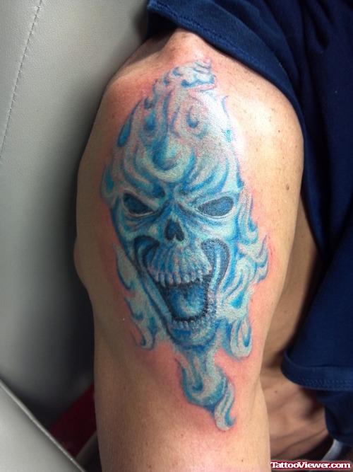 Blue Ink Fire and Flame Tattoo On Shoulder