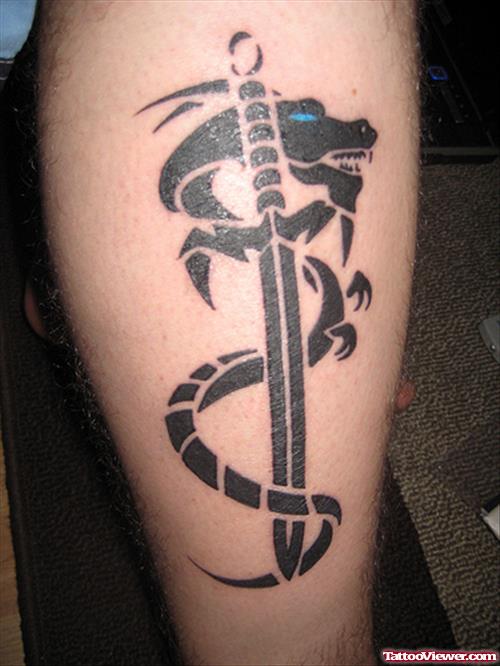 Black Ink Dagger And Dragon Fire and Flame Tattoo