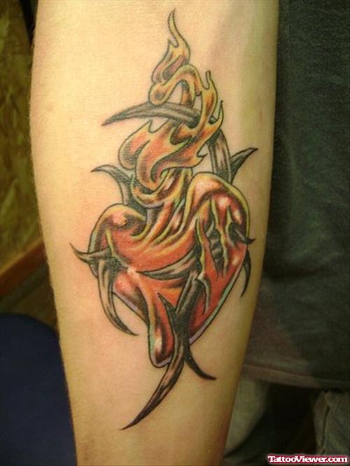 Fire Flame Heart Tattoo On Arm