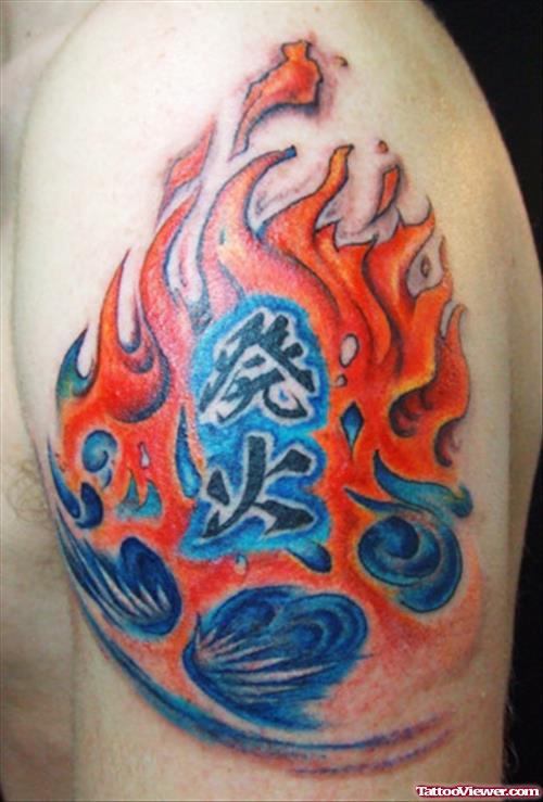 Fire and Flame Tattoo On Left Shoulder