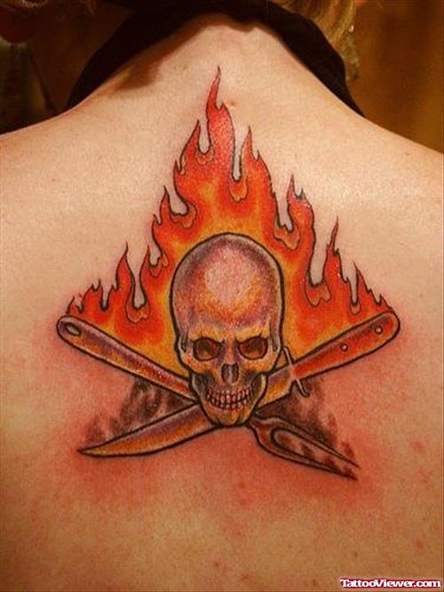 Flaming Skull Fire n Flame Tattoo On Upperback