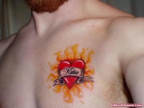 Red Heart Fire n Flame Tattoo On chest