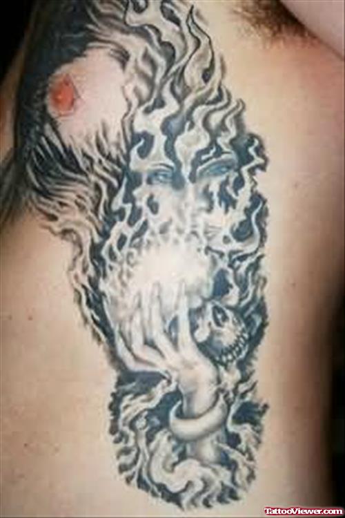 Grey Ink Fire n Flame Tattoo On Side Rib