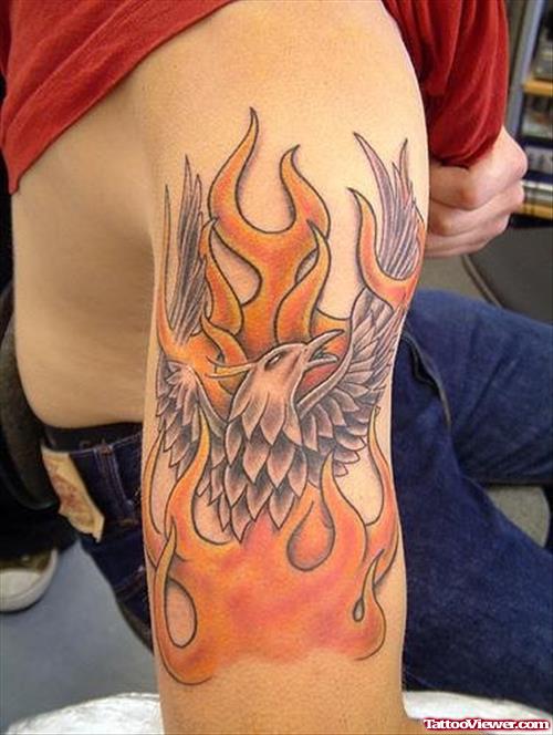 Flying Bird And Fire And Flame Tattoo On Half Sleeve
