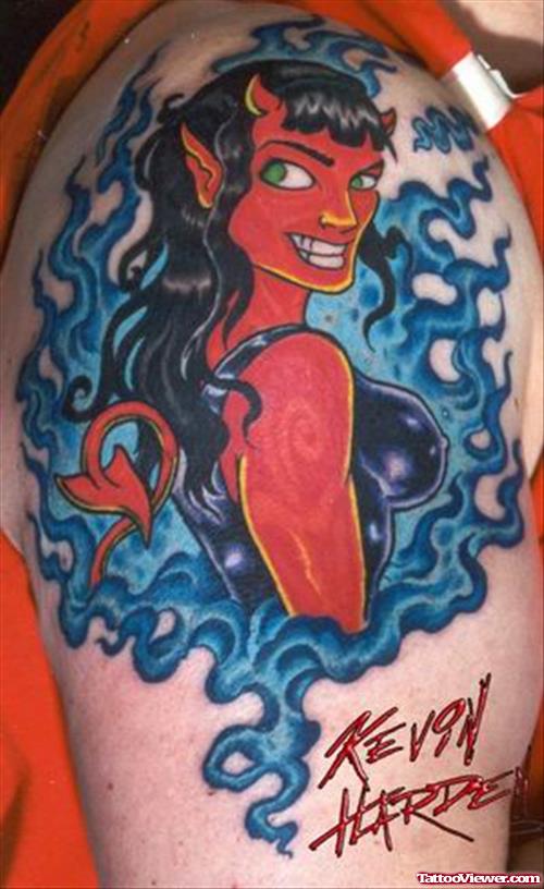 Devil Girl With Fire and Flame Tattoo On Shoulder