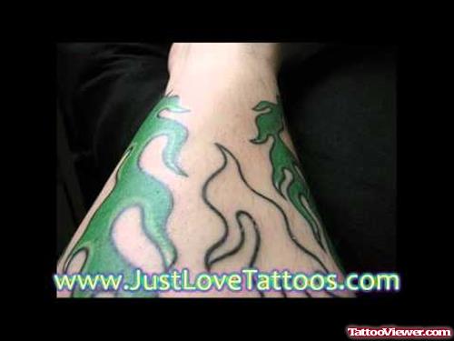 Green Ink Fire Flame Tattoo