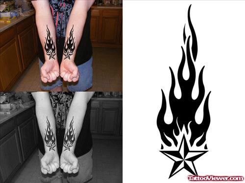 Nautical Star With Fire Flame Tattoo Design