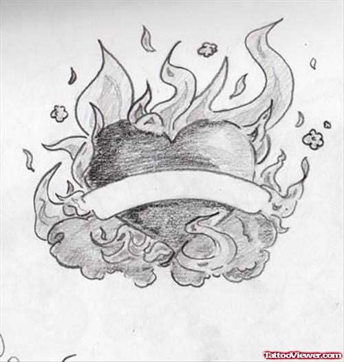 Grey Ink Flaming Heart With Banner Tattoo Design