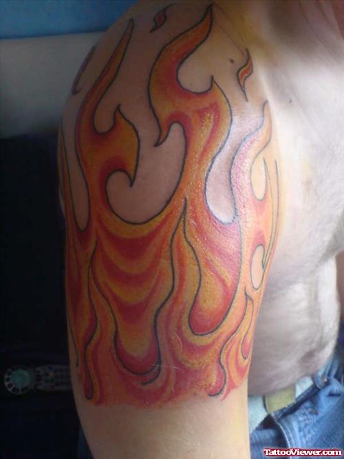 Colored Fire n Flame Tattoo On Right Shoulder
