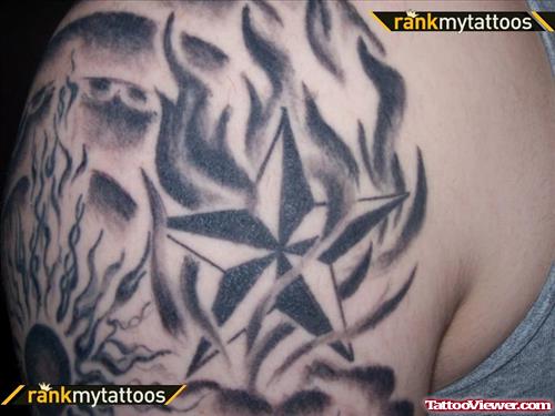 Flaming Nautical Star Fire And Flame Tattoo On Shoulder