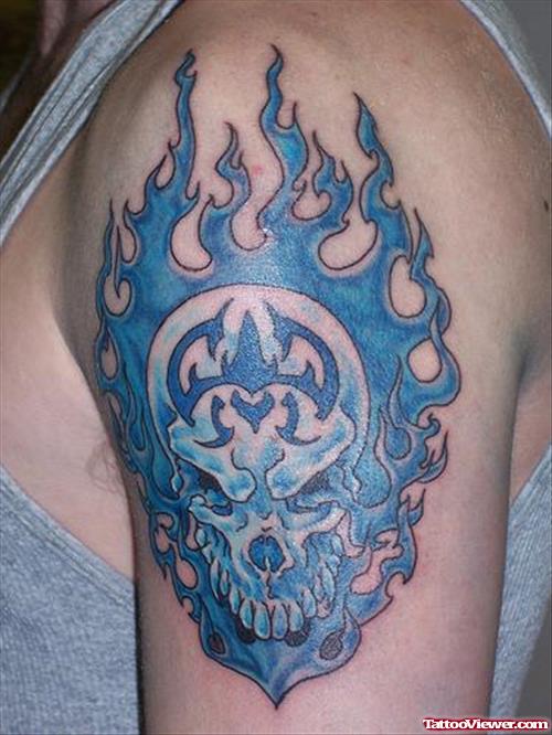 Blue Ink Skull Fire n Flame Tattoo On Left Shoulder