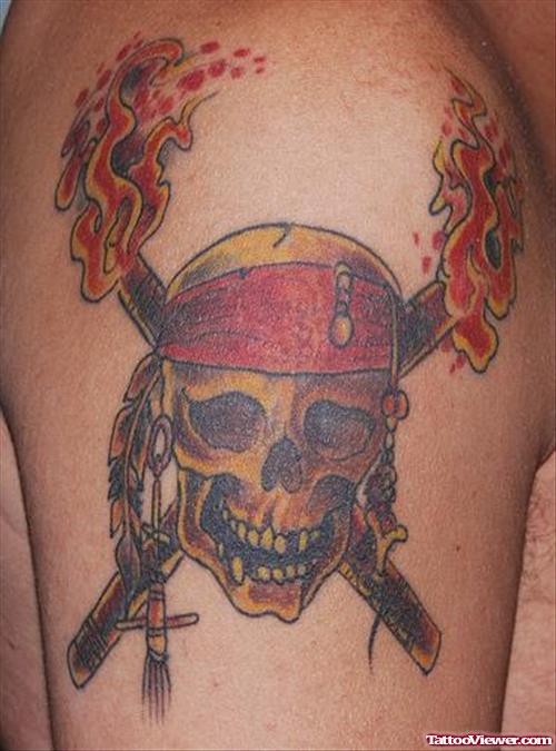 Pirate Skull Fire n Flame Tattoo On Shoulder